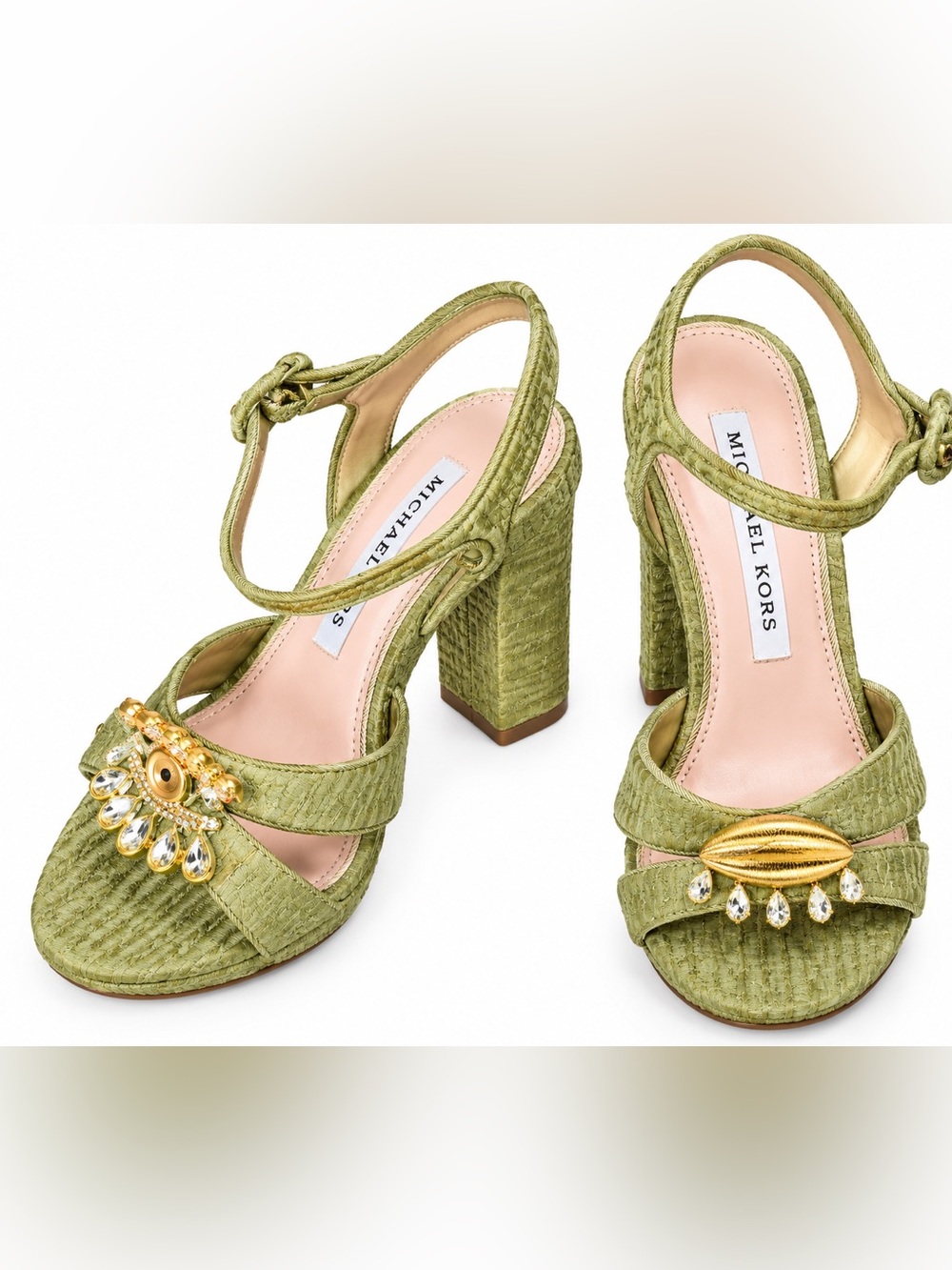 MICHAEL KORS Olive Textured Block Heel Sandals with Gold Embellishment